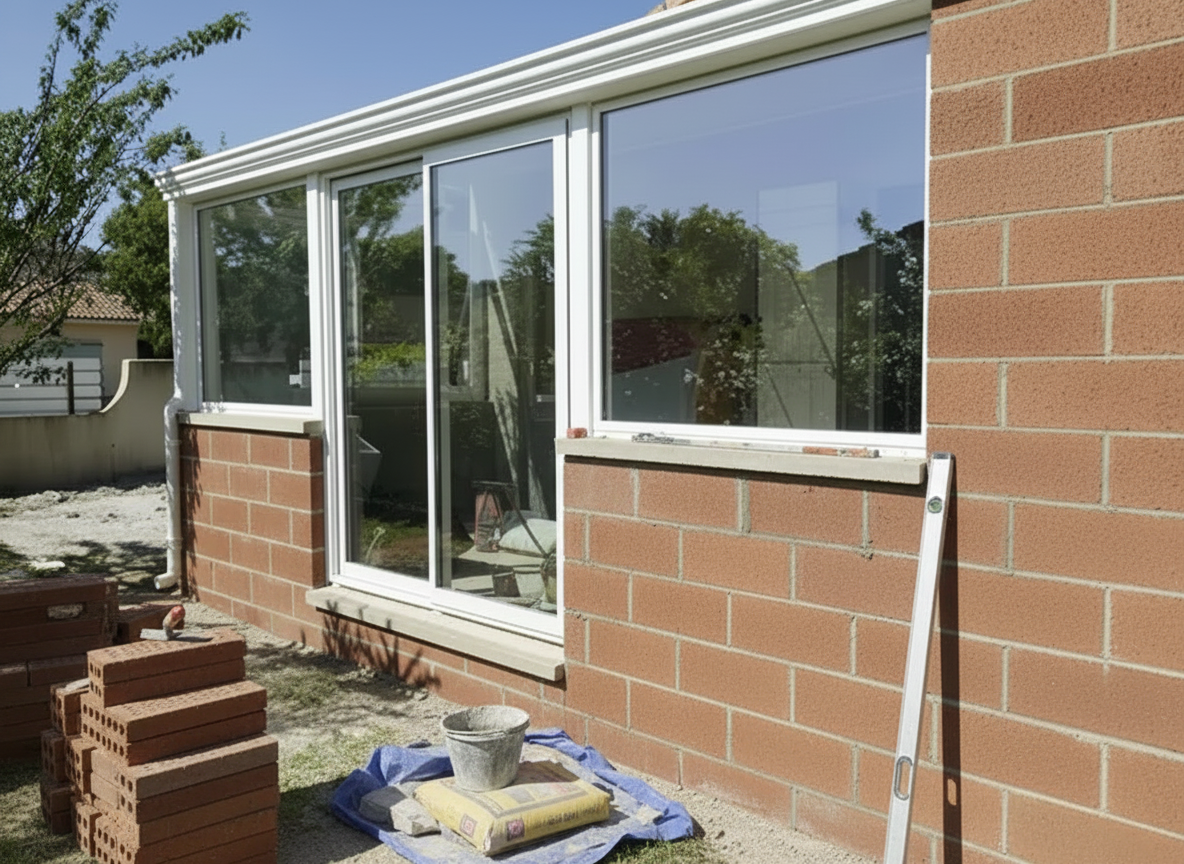 extension maison en brique rouge avec fenêtre triple vitrage